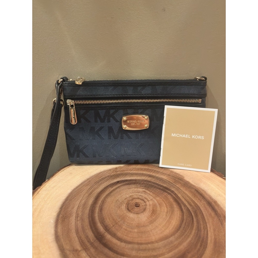 MICHAEL‎ KORS  Navy Blue Leather  Logo Saffiano  Wristlet Zip Clutch Bag New